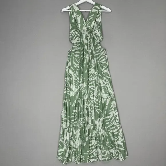 By Anthropologie Dress Womens XS Green Smocked Bandeau Leaf Tropical Cutout Maxi - Picture 5 of 14